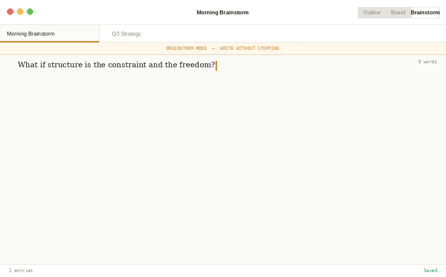 Bough app — brainstorm mode transitioning to outline view
